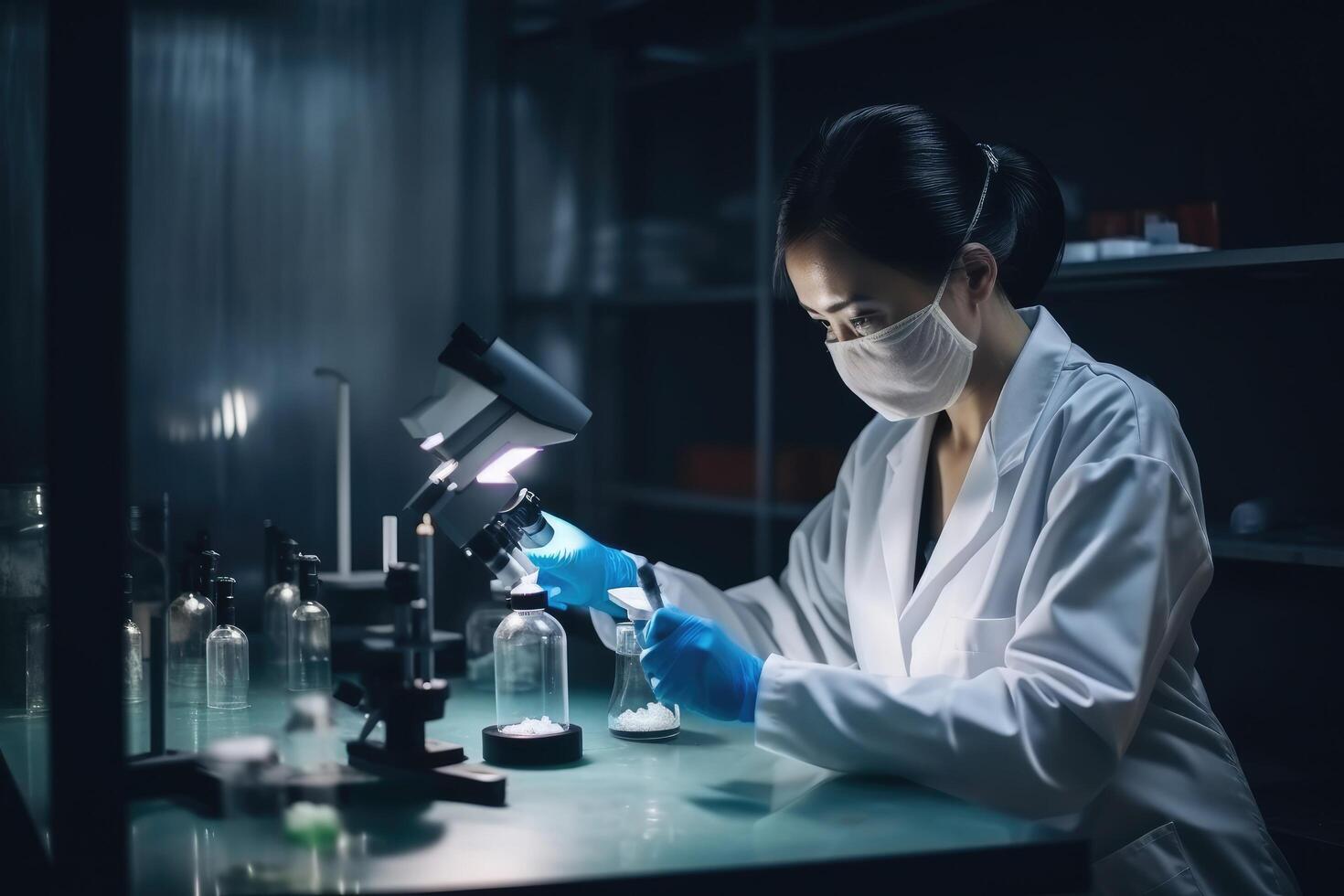 asiático hembra científico trabajando con microscopio y prueba tubo en químico laboratorio, médico científicos examinar médico muestras en un laboratorio, ai generado foto