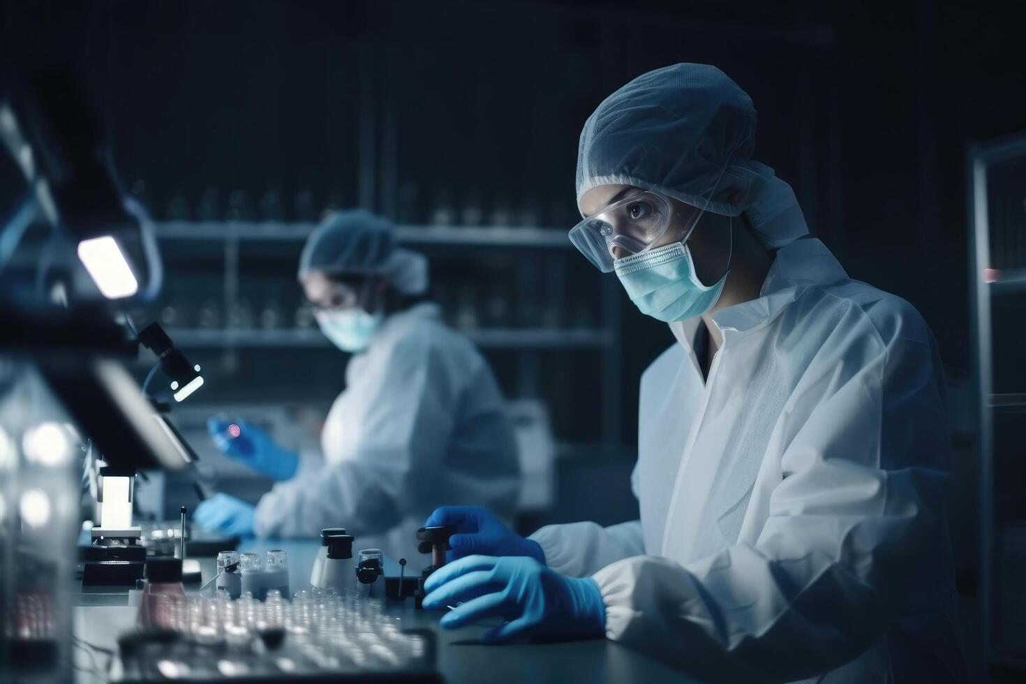 scientist working with microscope and test tube in chemical laboratory at night, Medical scientists examine medical samples in a laboratory, photo