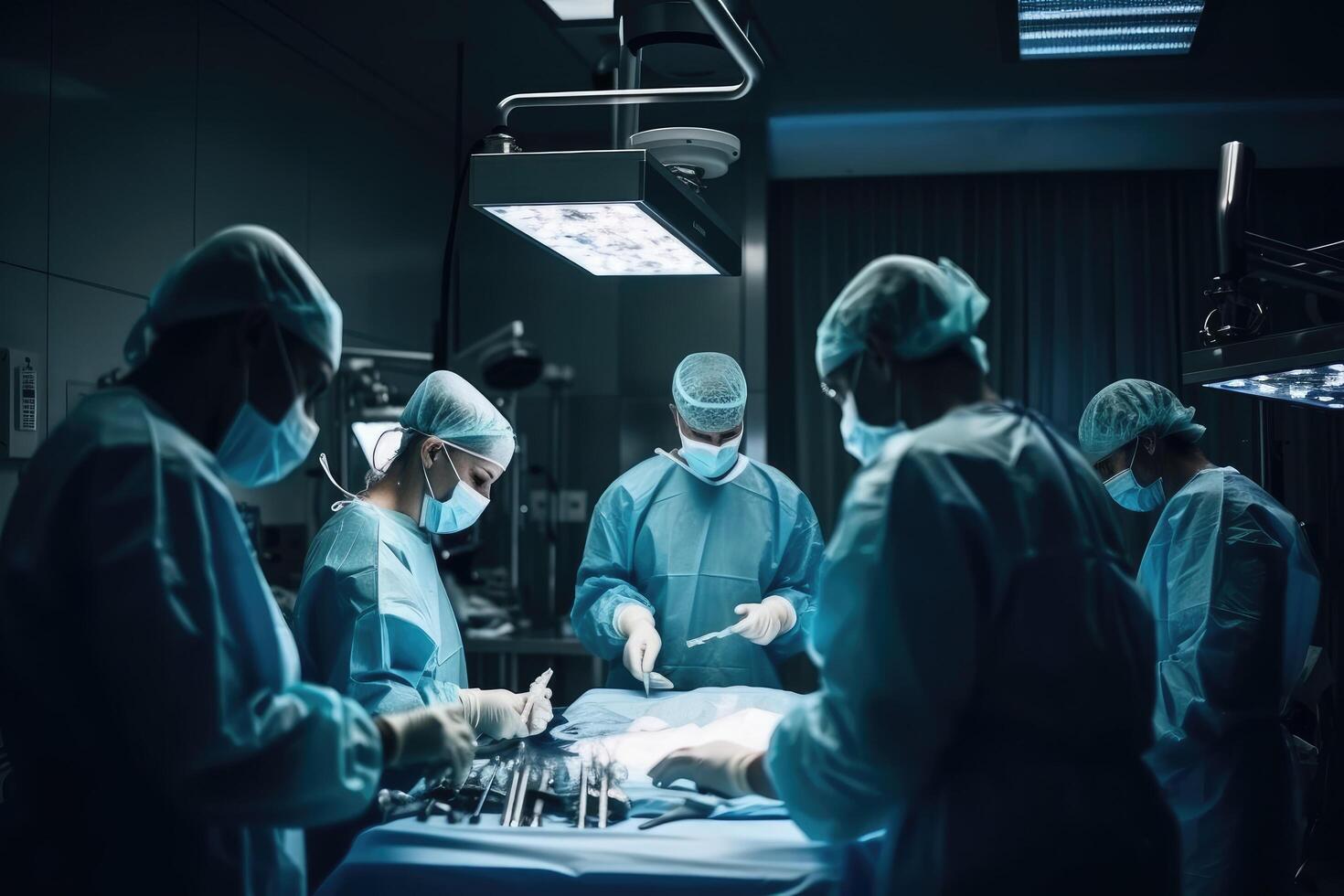 group of veterinarian surgery in operation room take with art lighting and blue filter, Medical team performing a surgical operation in a hospital, photo