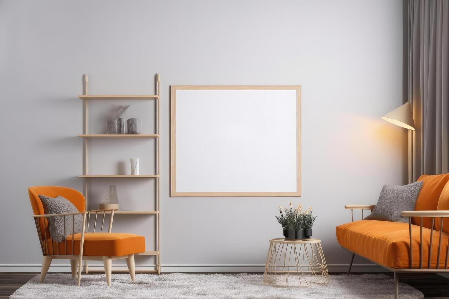 Mock up poster frame in interior background. 3D Illustration, Mockup poster frame in a modern home living room, photo