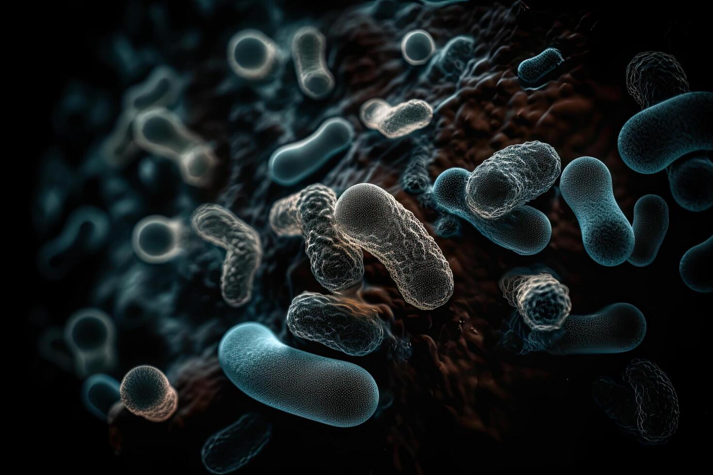 3D illustration of Gram-negative rod-shaped bacteria. Gram-negative rod-shaped bacteria with a single polar flagellum. Microorganism cells close up view on a dark background, photo