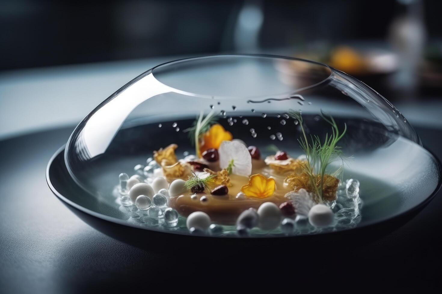 Delicious fish soup in a glass bowl on a black background. Michelin Star quality food dish close up view, photo