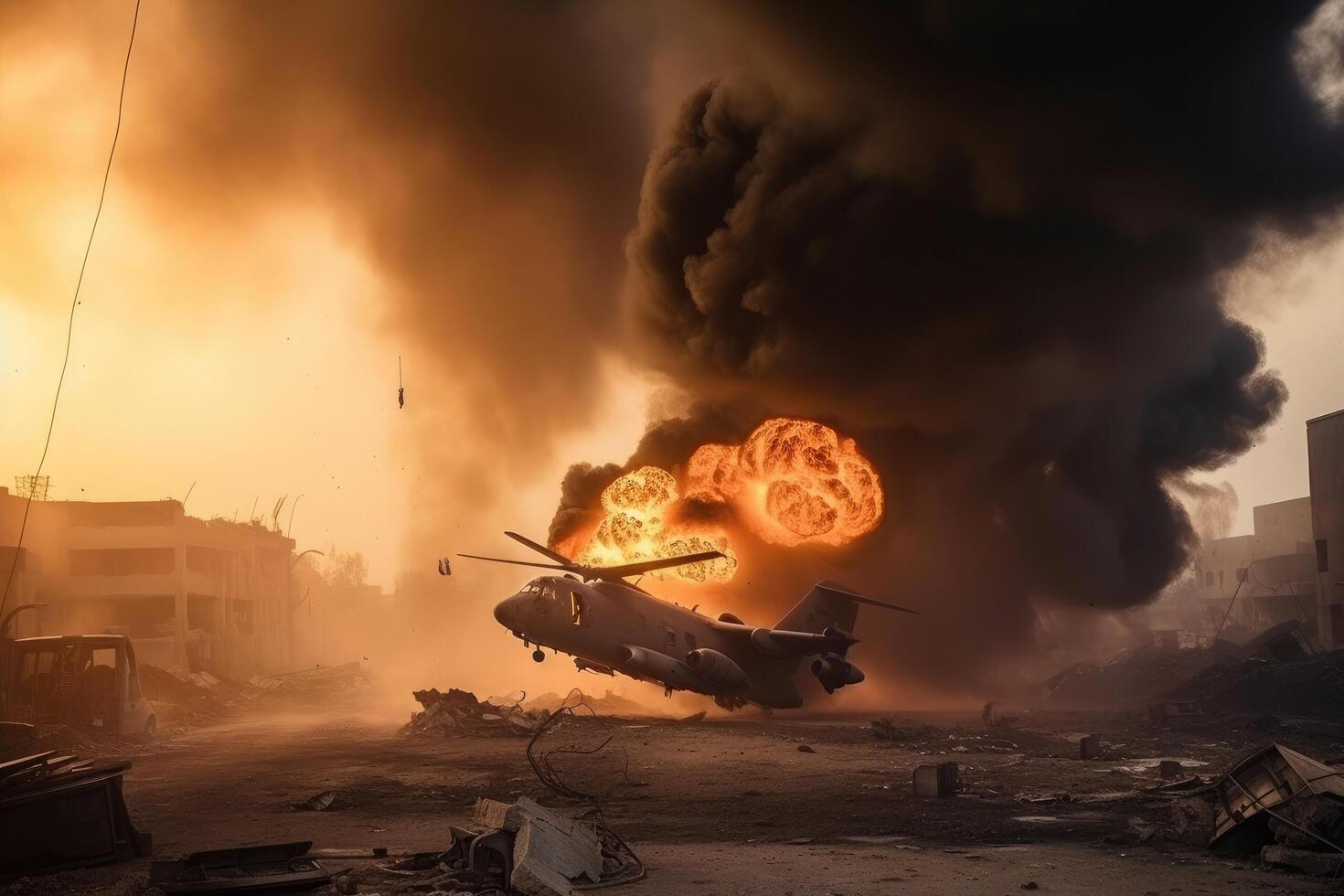 Burning military helicopter in the smoke of a burning building during a fire, Military aircraft flying over the warzone, photo