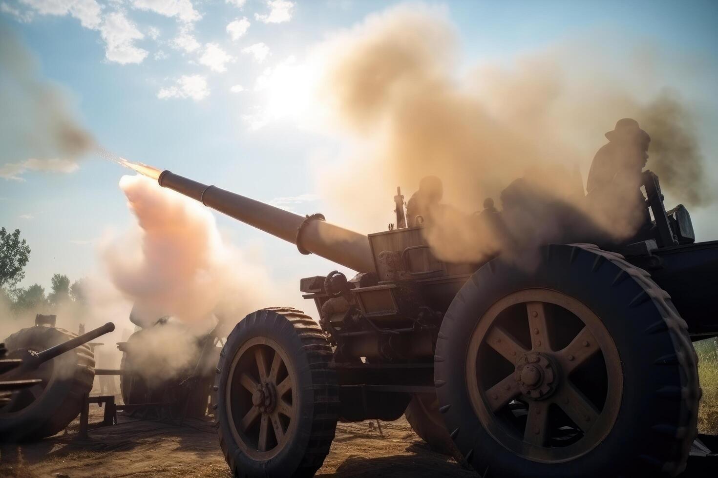 War Concept. Military silhouettes fighting scene on war fog sky background, World War Soldiers Silhouettes Below Cloudy Sky. Tanks battle, Military anti aircraft cannons are shooting, photo