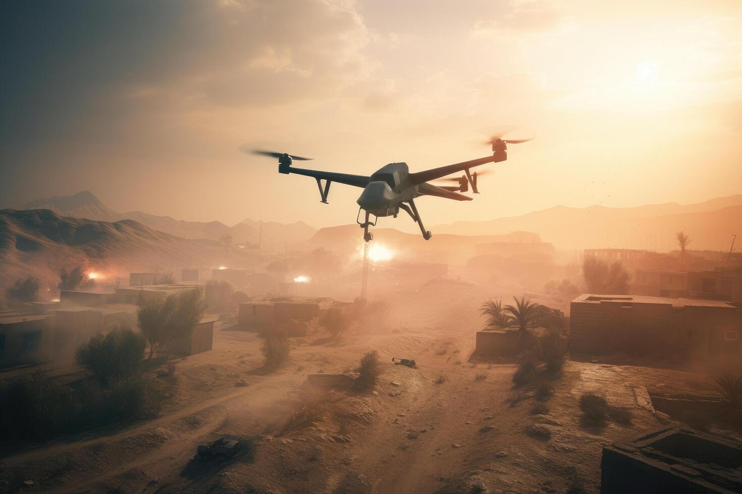 Drone flying in the desert at sunset. 3D Rendering, Military combat UAV drone launching missiles, photo