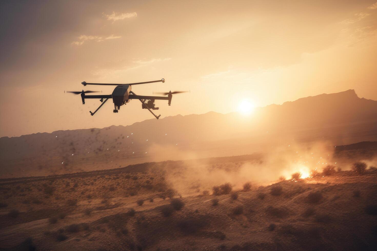 zumbido volador en el Desierto a puesta de sol. 3d representación, militar combate uav zumbido lanzamiento misiles, ai generado foto