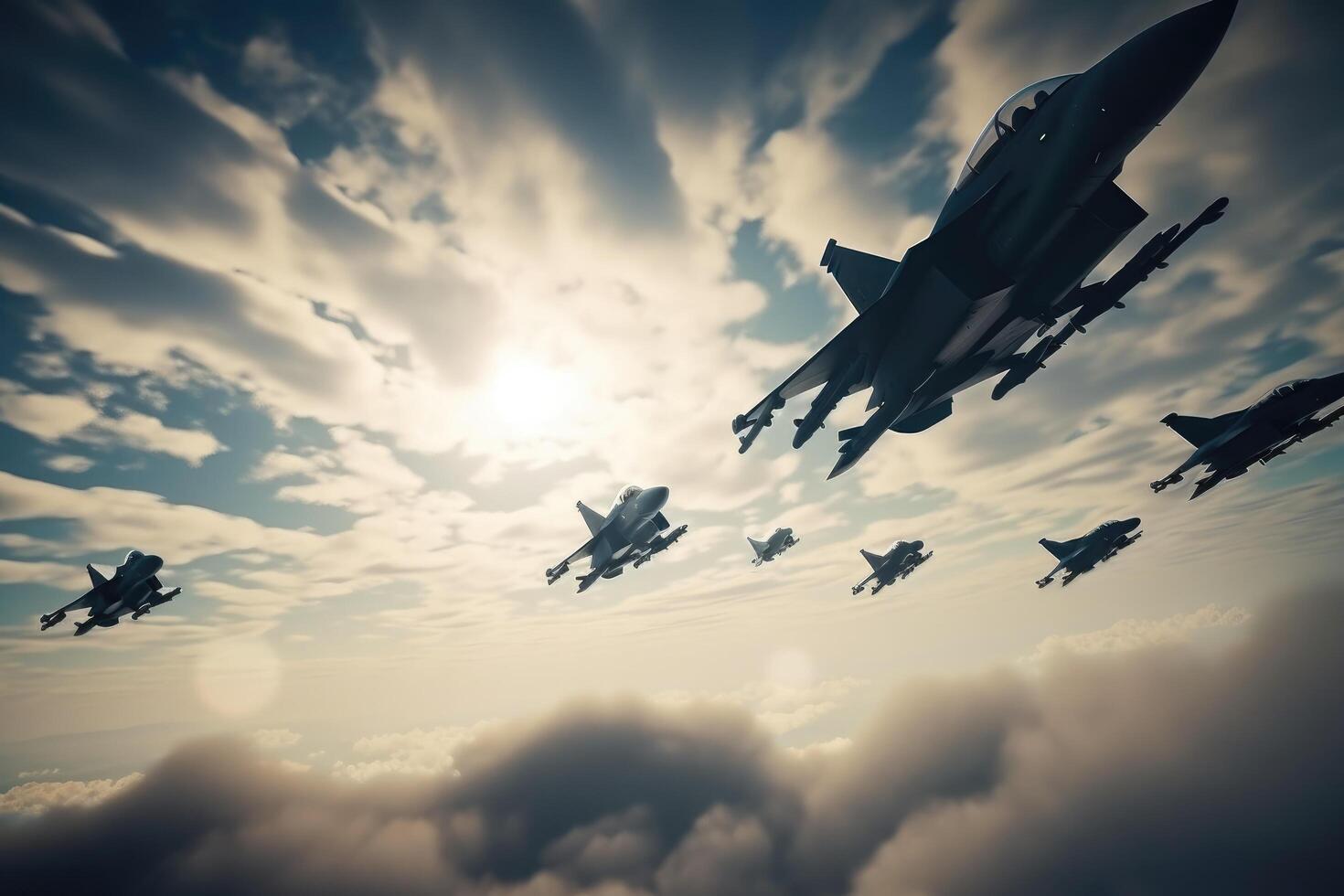 Fighter jet fighters flying high in the sky. 3d render, Military fighter jets flying in the sky in a battlefield, photo