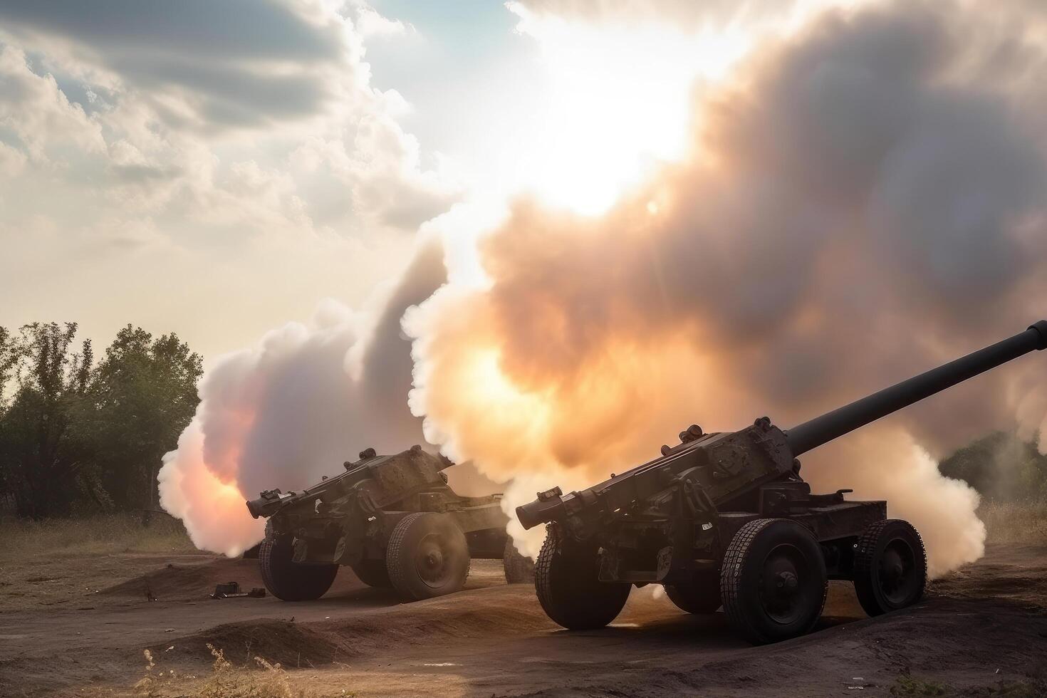 A long range self propelled anti aircraft gun with a smoke trail. Military anti aircraft cannons are shooting, photo