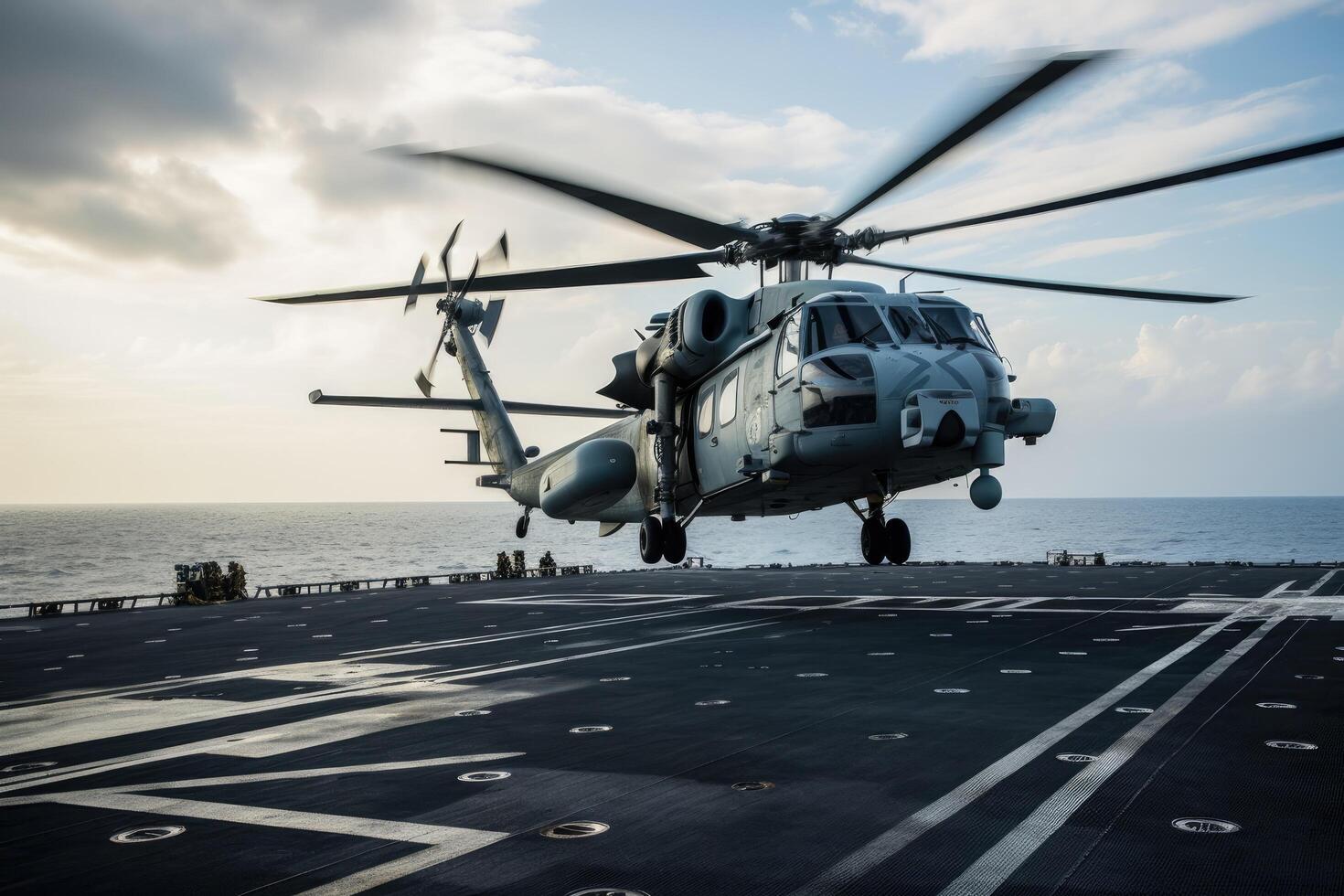 helicóptero aterrizaje en el cubierta de un militar aeronave transportador. militar helicóptero aterrizaje en un aeronave transportador, ai generado foto