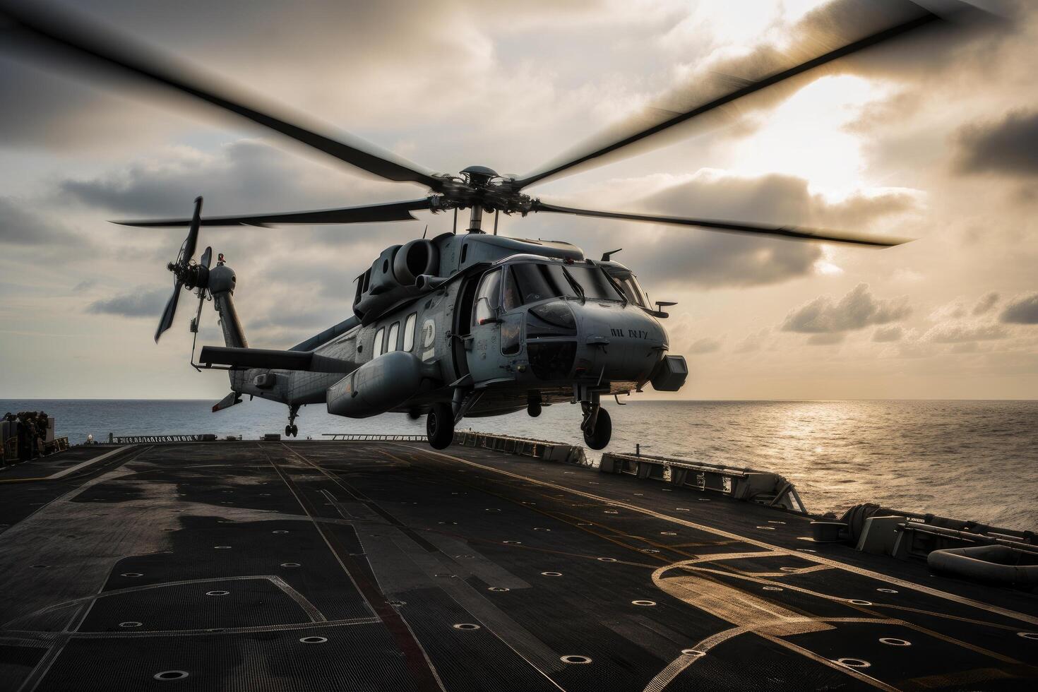 Royal Australian Navy Sikorsky helicopter on the deck of a Royal Australian Navy ship. Military helicopter landing on an aircraft carrier, photo