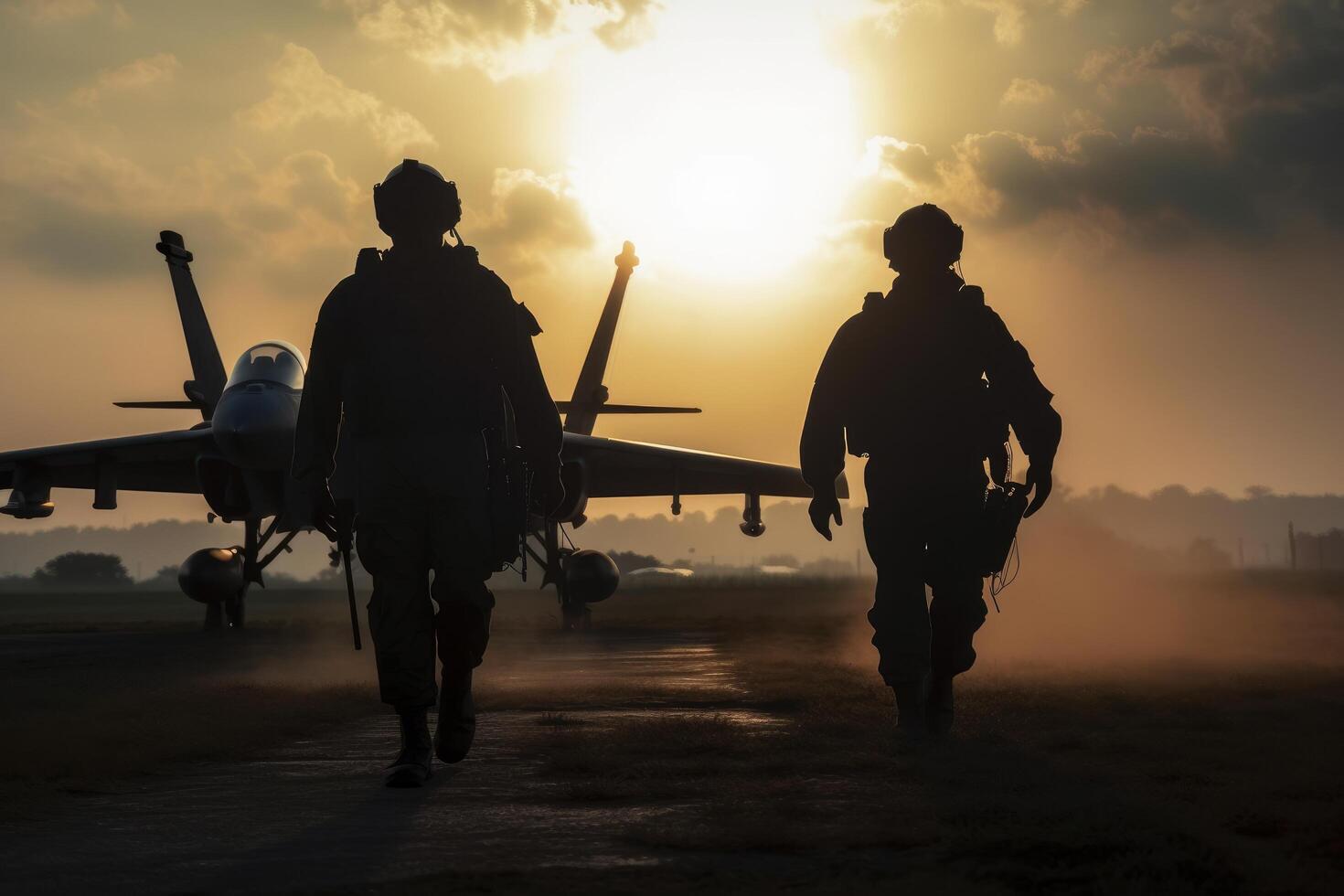 Silhouette of two soldiers standing on the runway at sunset. Military pilots are walking on a takeoff ground, photo