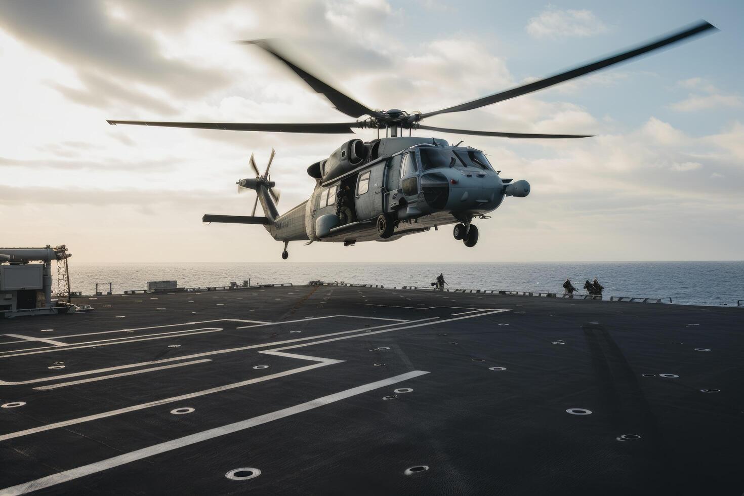 helicóptero aterrizaje en el cubierta de un militar aeronave transportador. militar helicóptero aterrizaje en un aeronave transportador, ai generado foto