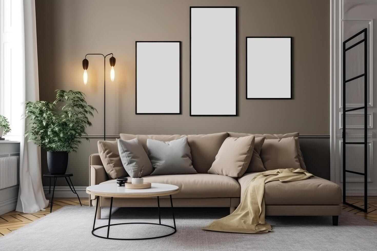Mock up poster frame in modern interior background, 3d render, Mockup poster frame on the wall in a living room, photo