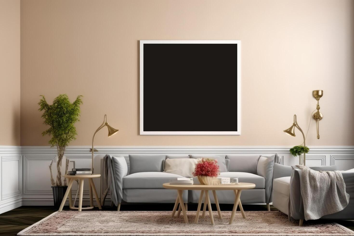 Interior of living room with mock up poster frame, 3d render, Mockup poster frame on the wall in a living room, photo