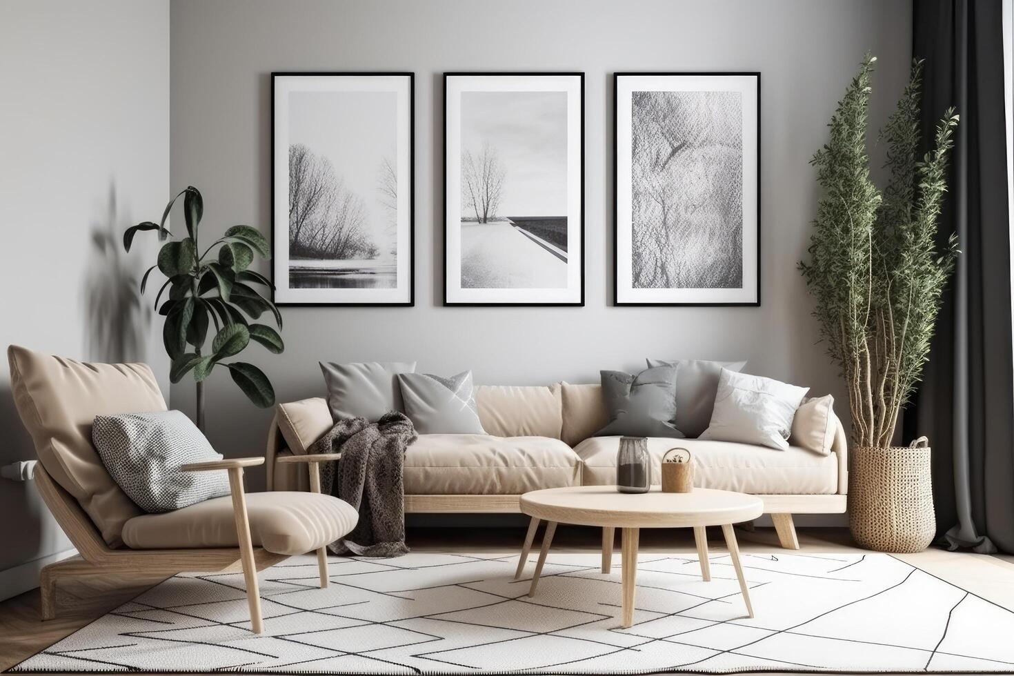 Interior of modern living room with beige sofa, coffee table and plants. 3d render, Mockup poster frame on the wall in a living room, photo