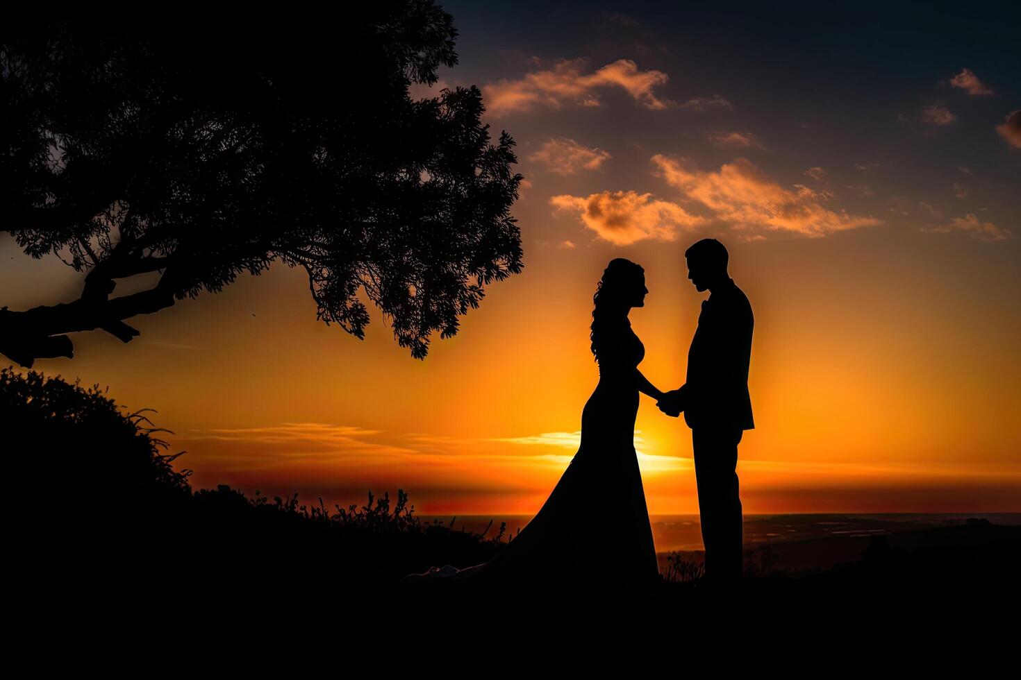 silueta de un recién casado Pareja en el antecedentes de el ajuste sol, nuevo Boda Pareja silueta con un brillante puesta de sol , ai generado foto