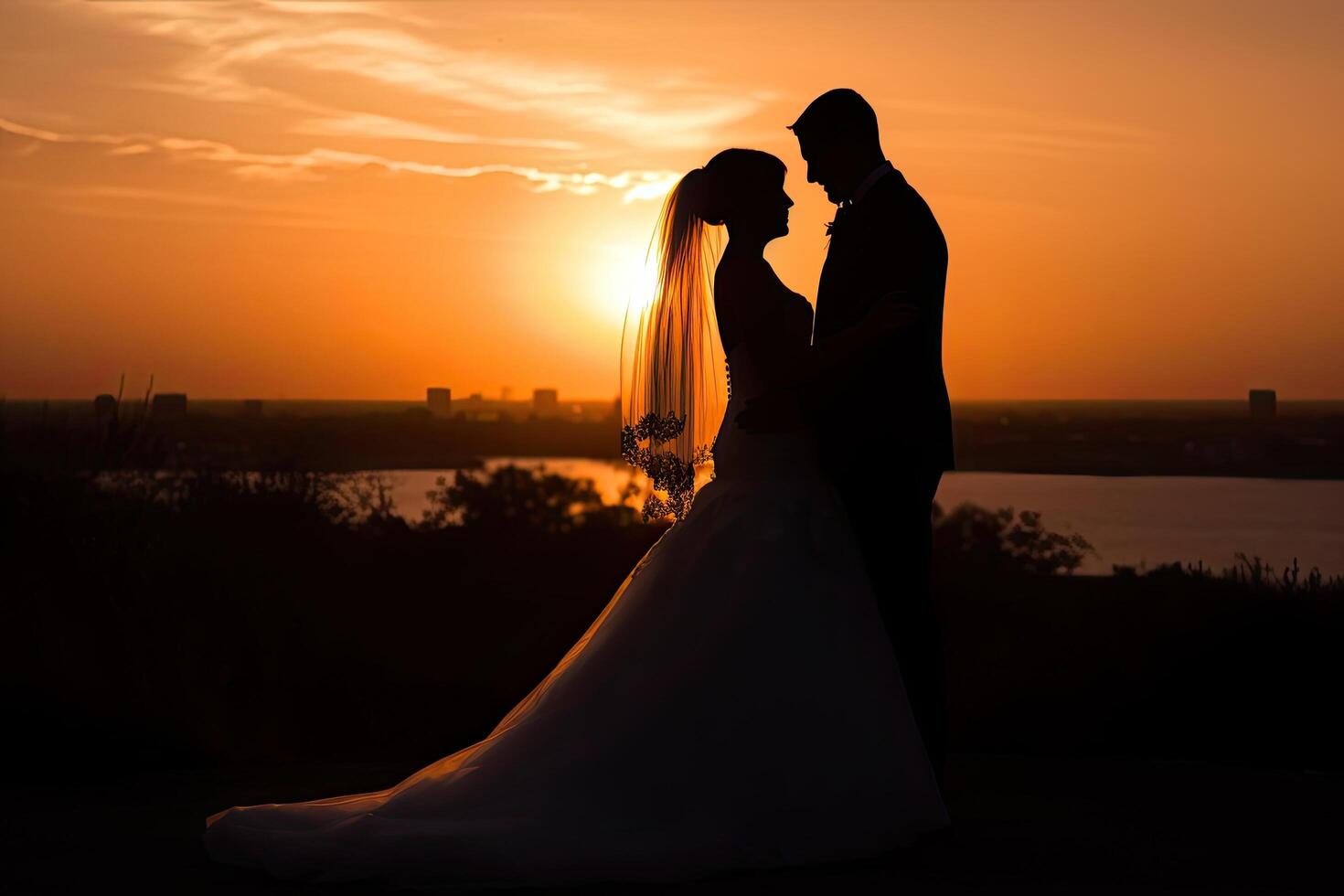 Silhouette of a bride and groom on a background of the setting sun, New wedding couple silhouette with a shiny sunset , photo