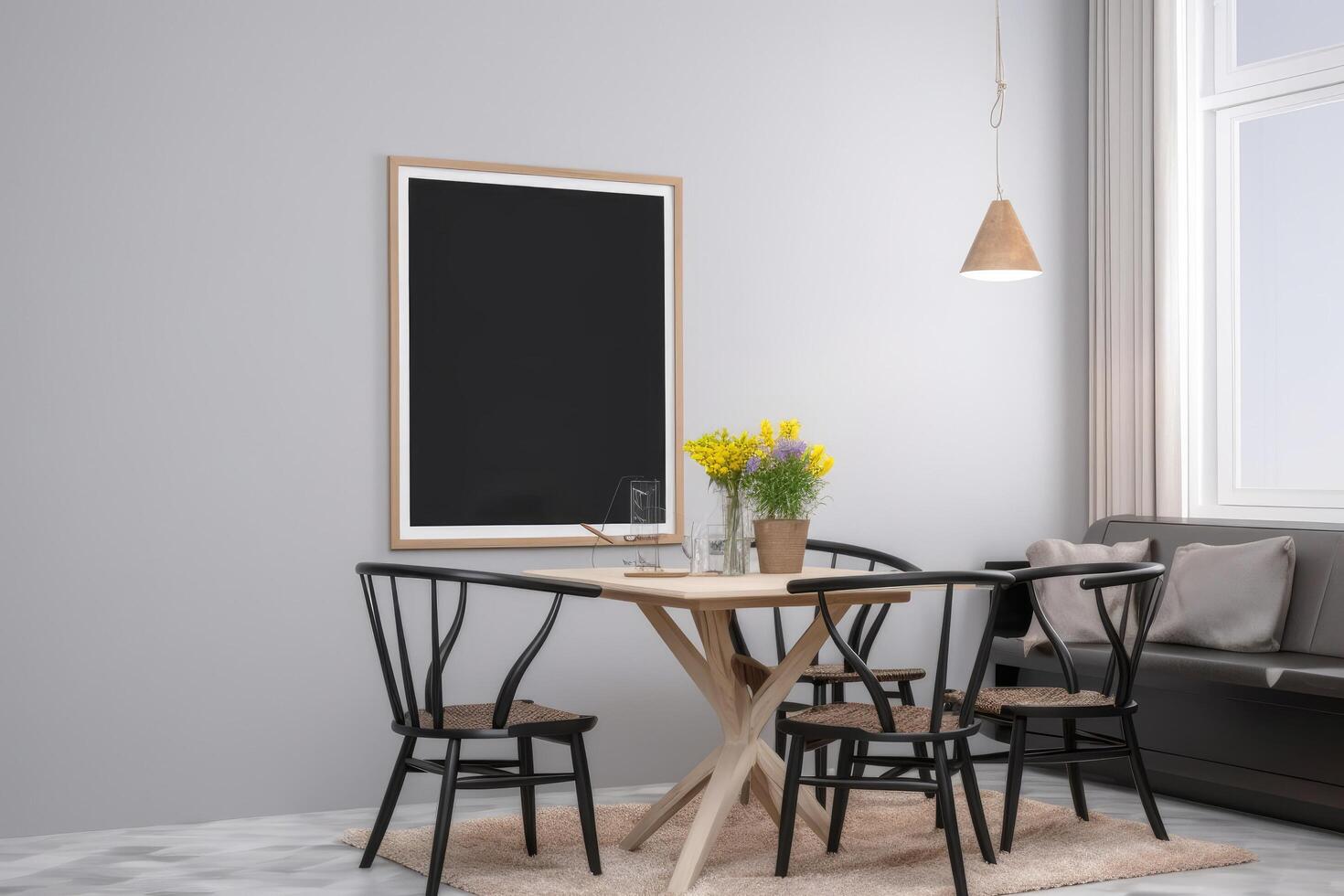 Interior of modern dining room with mock up poster, 3d render, Mockup poster frame on the wall of the dining room, photo