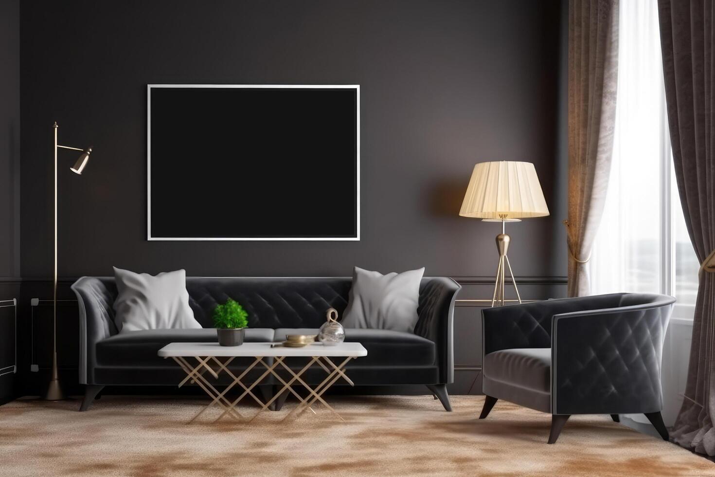 Black living room interior with a black sofa, a coffee table and a TV on the wall. Mock up, 3D Rendering, Mockup poster frame on the wall of a luxurious apartment, photo