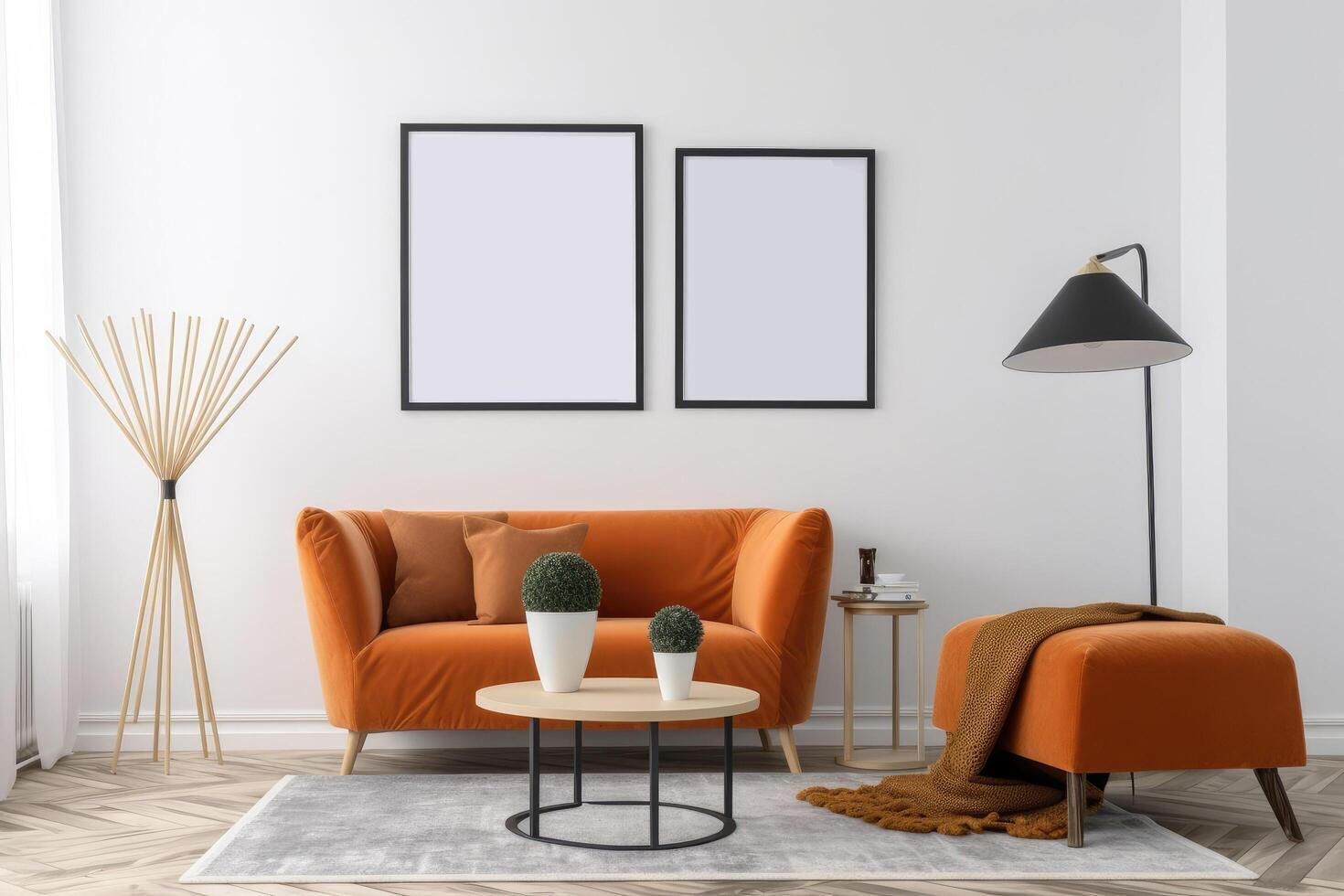 Interior of living room with orange sofa, coffee table and two vertical posters. 3d render, Mockup poster frame on the white wall in a Scandin, photo