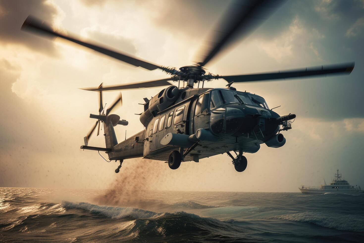 militar helicóptero volador en el cielo terminado el mar. Clásico estilo. Armada helicóptero volador en un zona de guerra, ai generado foto