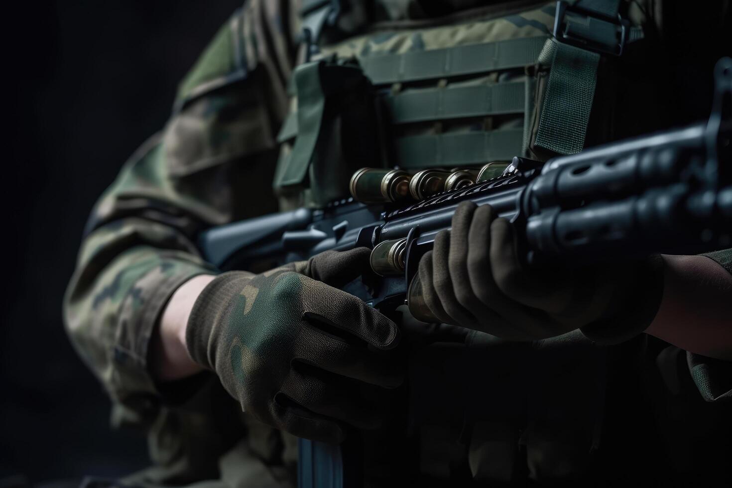 Close up of soldiers hands holding a assault rifle on dark background, Modern military ammunition closeup with a soldier, photo