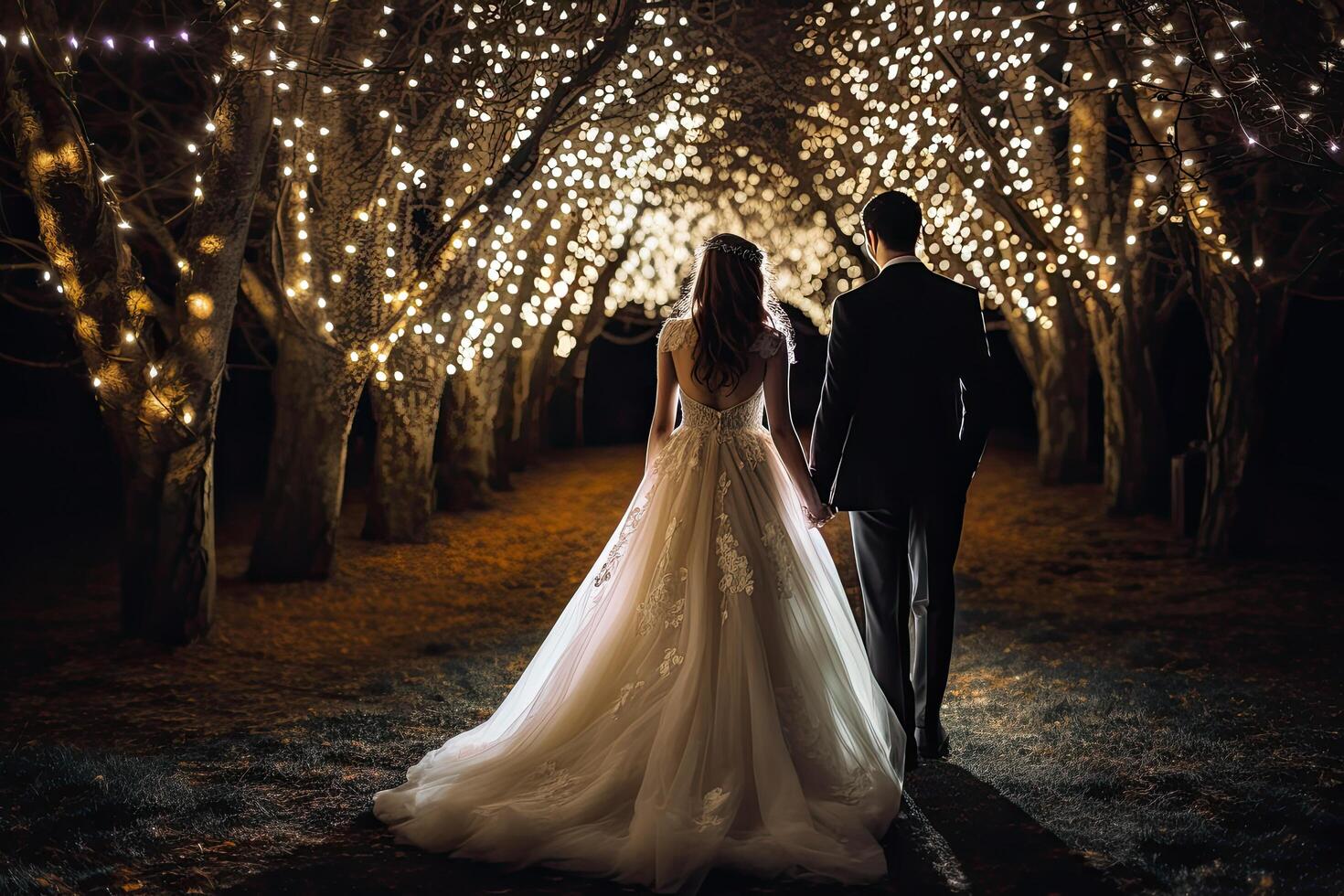 Beautiful wedding couple, bride and groom, walking in the park at night, New bride and groom full rear view standing and holding hand, photo