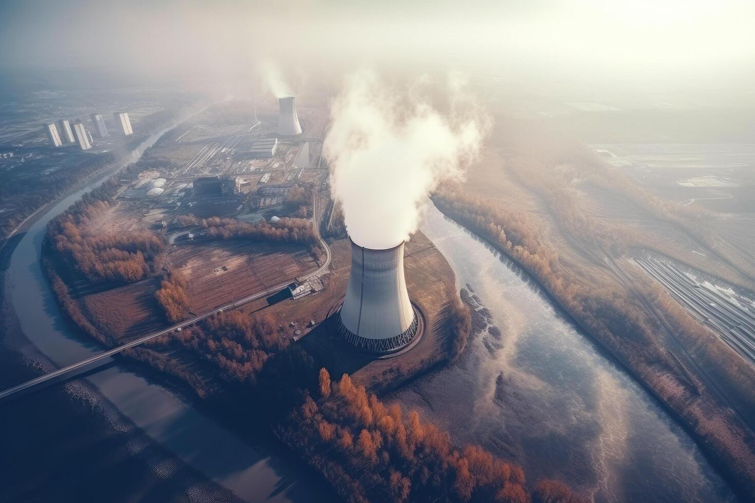 Aerial view of nuclear power plant with smoking chimney. 3d render, Nuclear power plant aerial view with smoke, photo