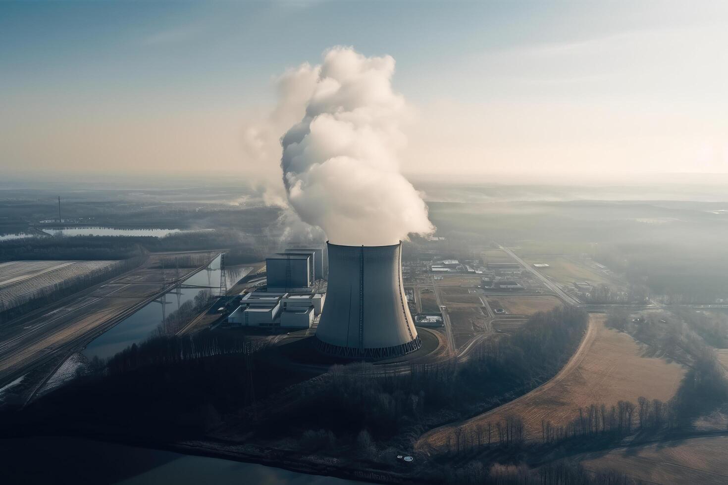 Aerial view of nuclear power plant in Poland. Drone photography. Nuclear power plant aerial view with smoke, photo