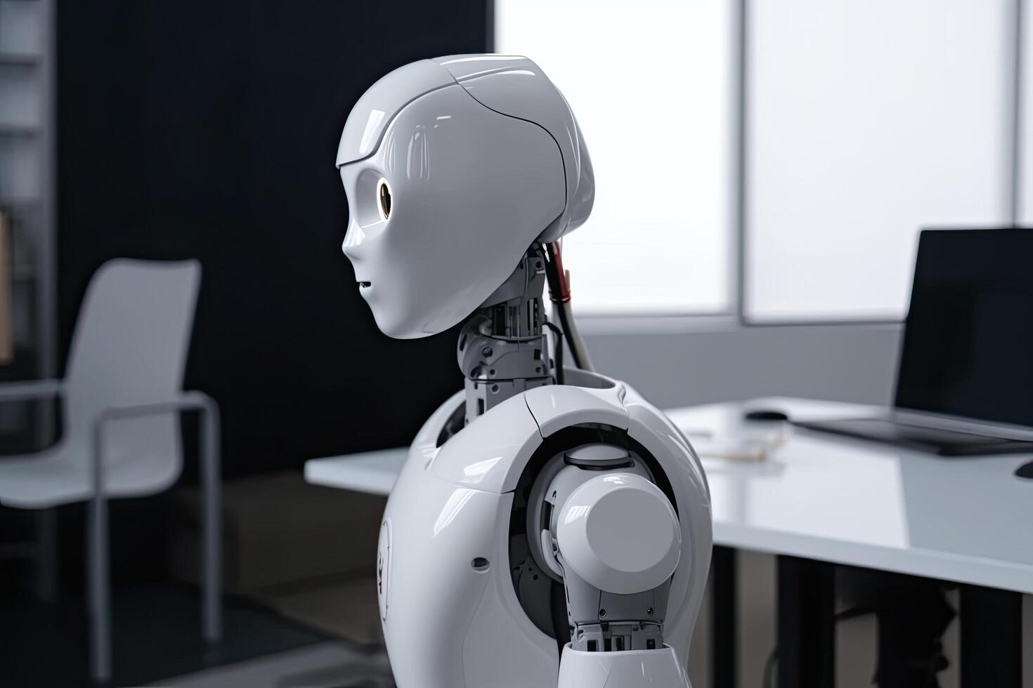 3d rendering humanoid robot working in modern office, artificial intelligence concept, ai robot Office boss rear view, photo