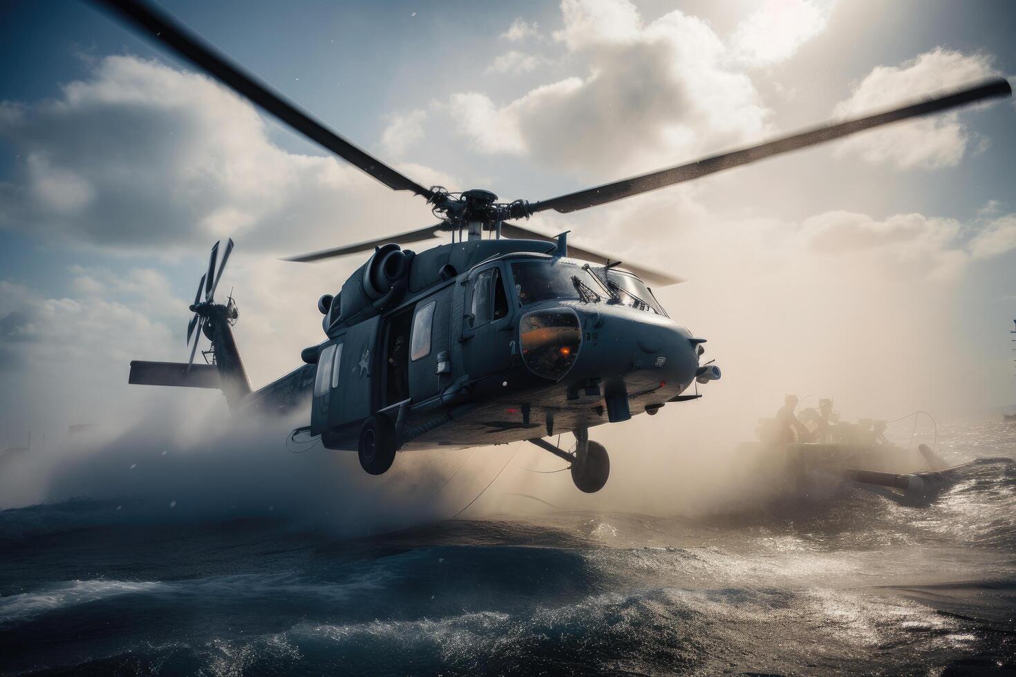 Helicopter landing in a stormy sea. Military background. Navy helicopter flying in a warzone, photo
