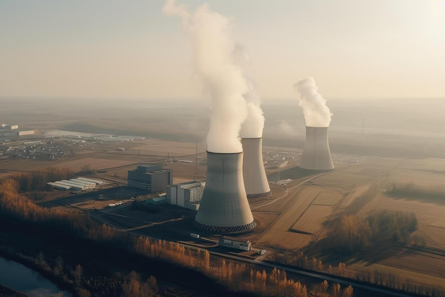 aéreo ver de nuclear poder planta con de fumar chimeneas a amanecer, nuclear poder planta aéreo ver con fumar, ai generado foto