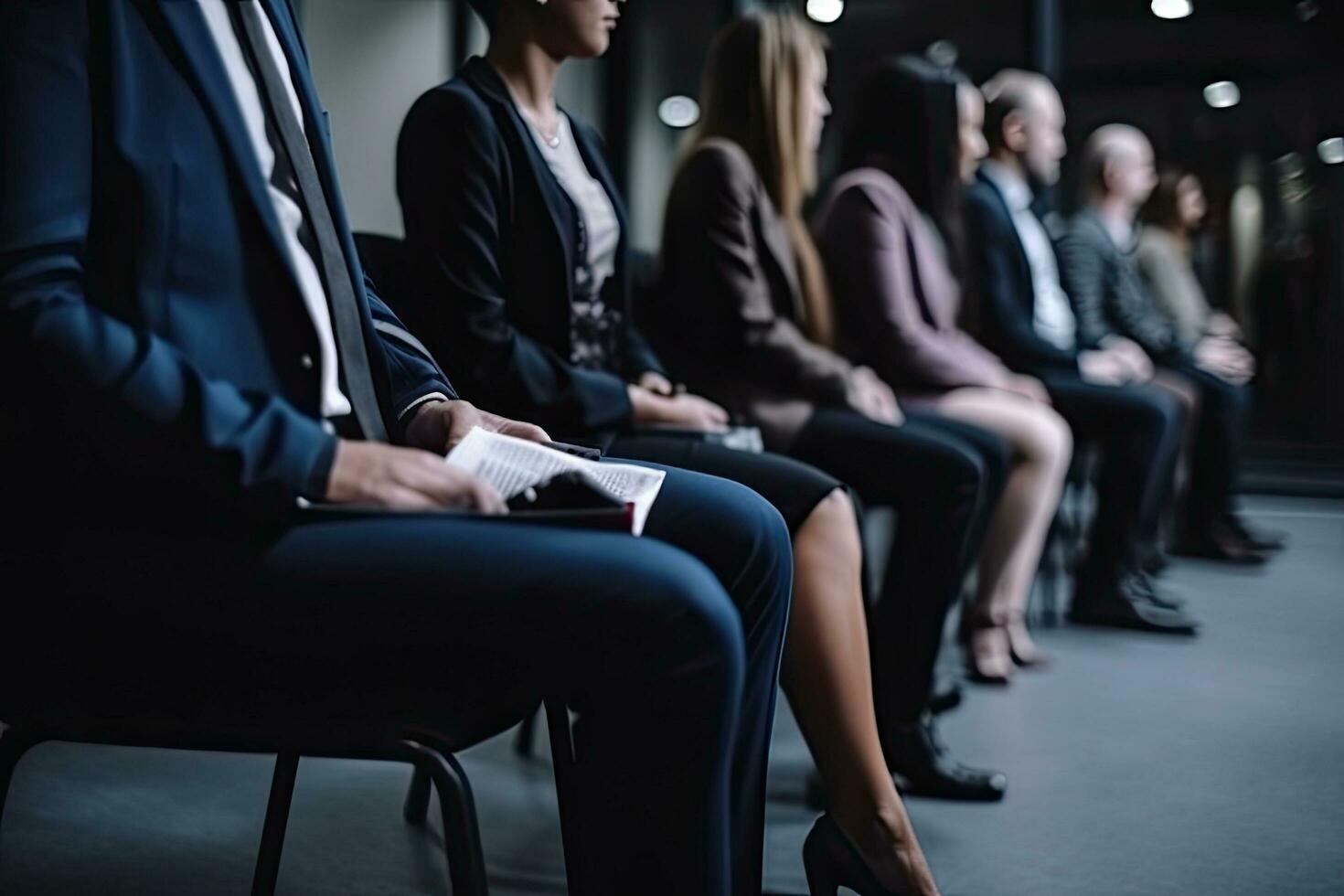 cropped shot of businesspeople waiting for job interview in conference hall, People without faces and closeup views waiting for an interview, AI Generated photo