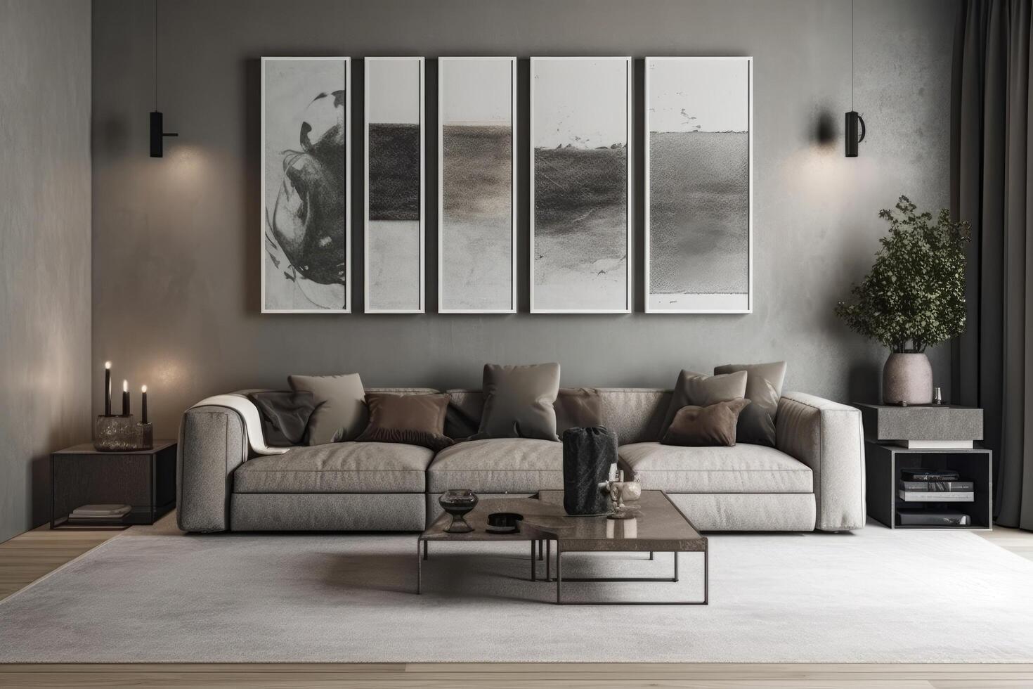 Modern living room with grey sofa, coffee table and posters. 3d rendering, Mockup poster frame on the wall of the living room, photo