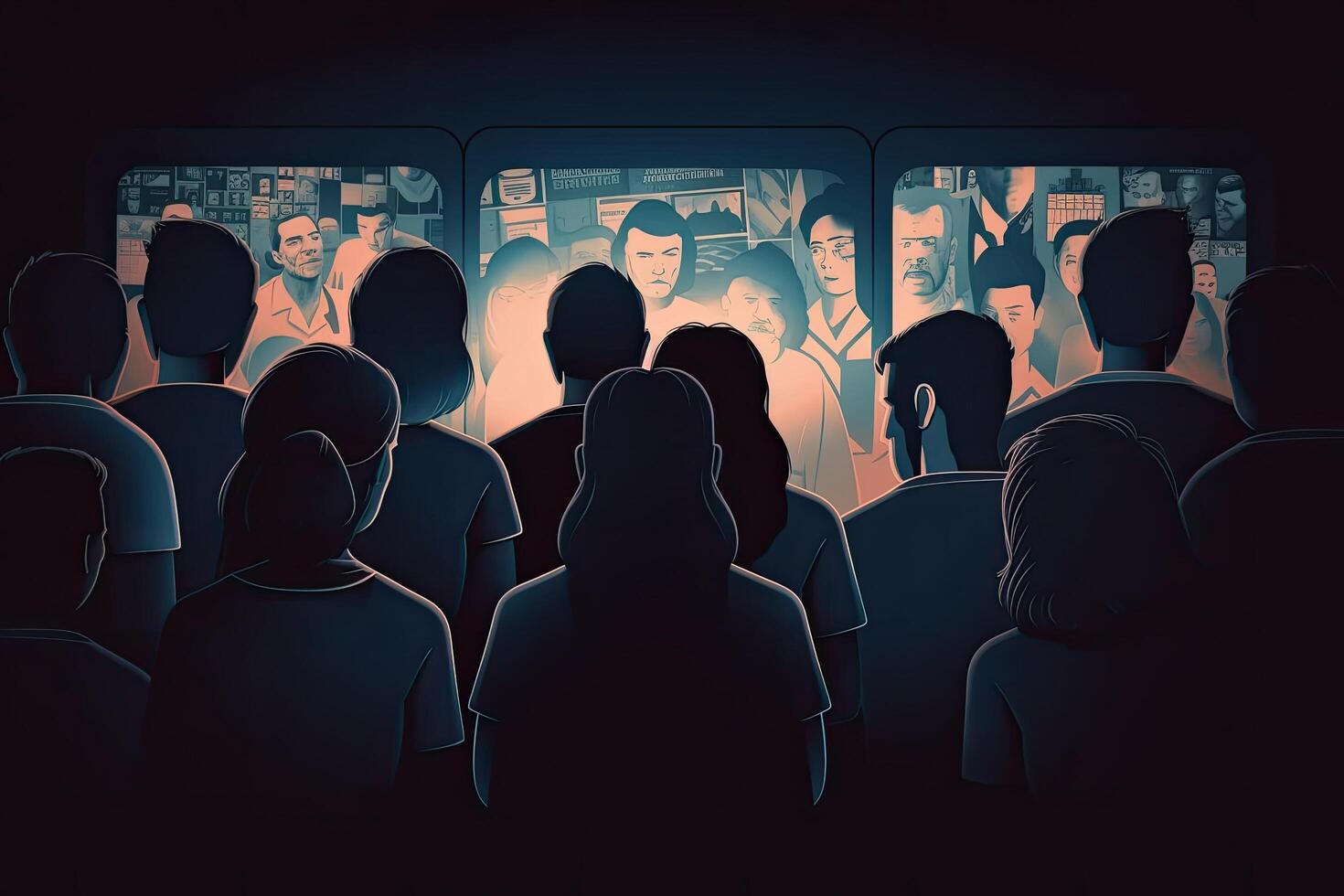 Group of people watching tv in the dark room. Toned image, People crowd watching TV in dark background, photo