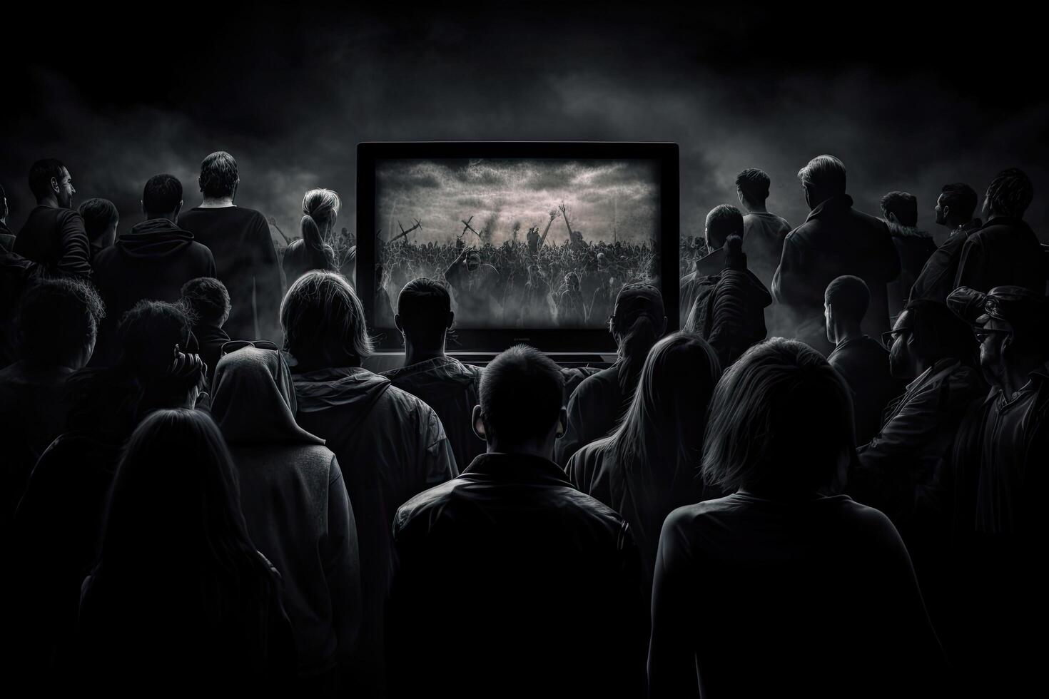 multitud acecho horror película en televisión pantalla. horror película concepto. personas multitud acecho televisión en oscuro fondo, ai generado foto