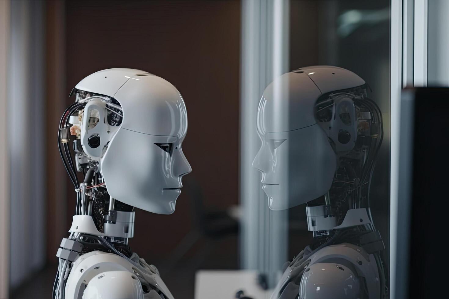 Two robots in a row looking at the camera. 3d rendering, ai robot Office boss rear view, photo