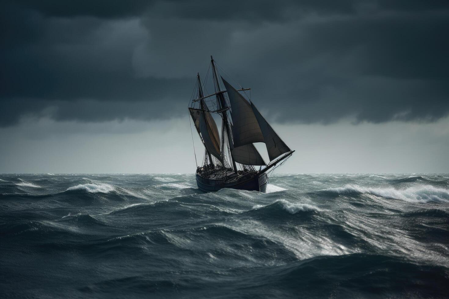 Vintage sailboat in stormy sea. Dramatic sky. Old sailboat caught in a big storm at sea, AI Generated photo