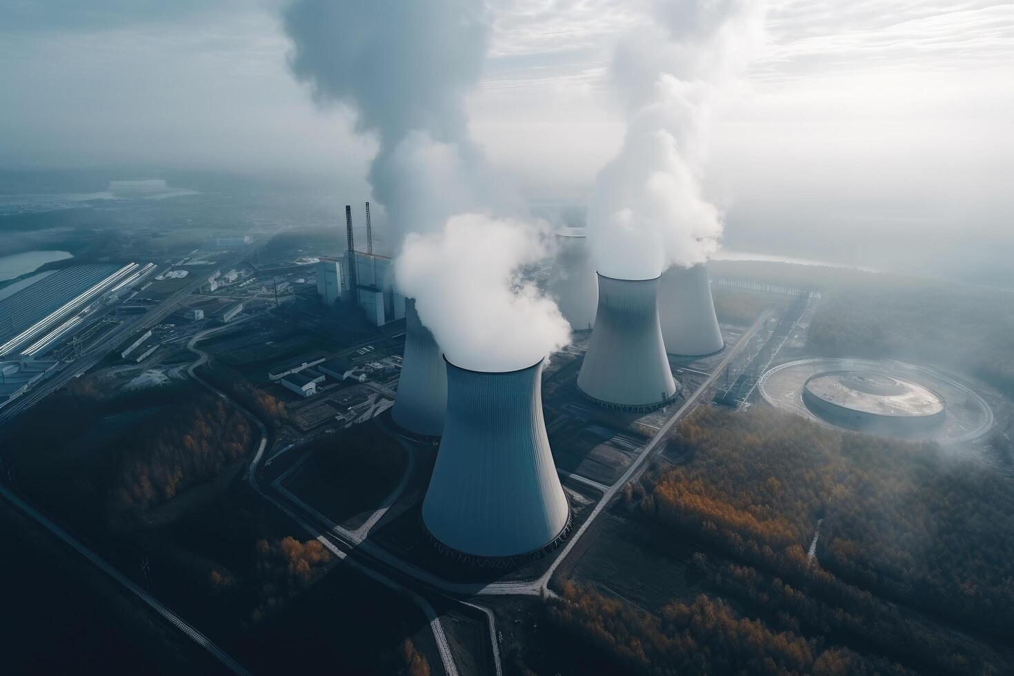 aéreo ver de nuclear poder planta con fumar desde chimeneas. nuclear poder planta aéreo ver con fumar, ai generado foto