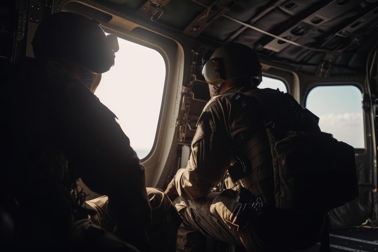 United States Air Force USAF special forces soldiers in a helicopter cockpit, Para commando military soldiers are waiting in the aircraft, photo