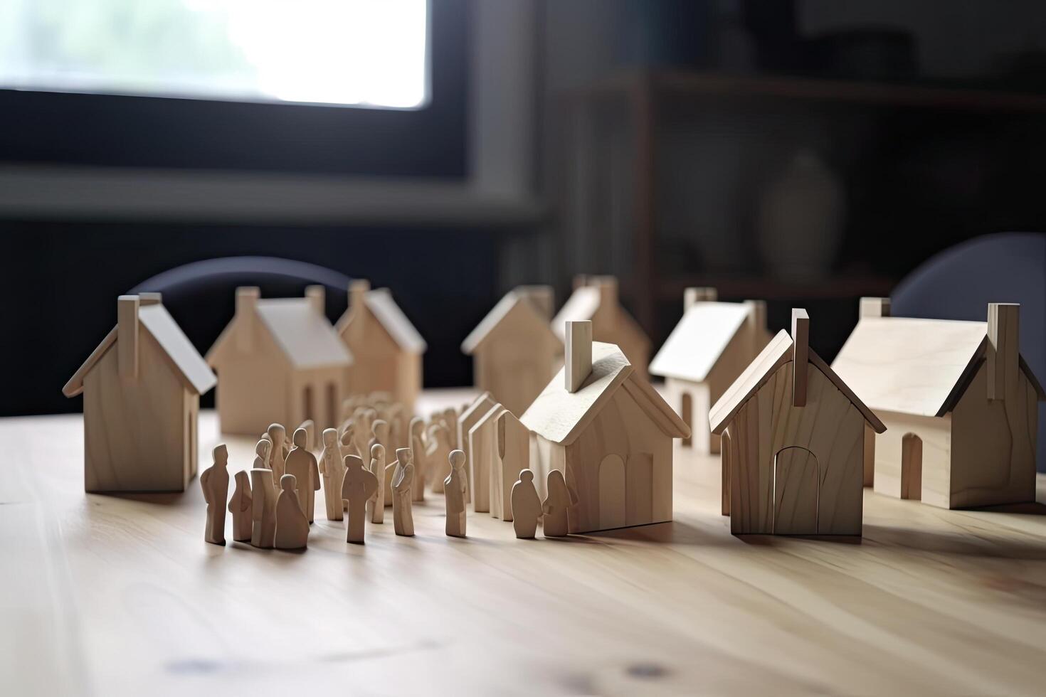 Miniature wooden houses on wooden floor. Real estate business concept. Real estate business meetings without face with many houses, photo
