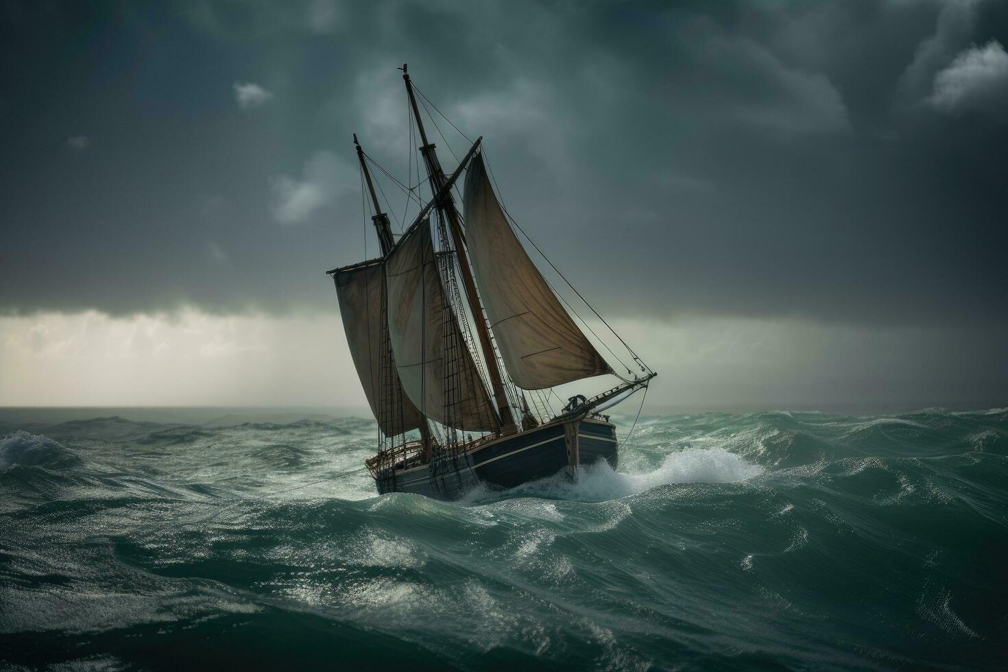 Vintage sailboat in a stormy sea, vintage style photo. Old sailboat caught in a big storm at sea, AI Generated photo
