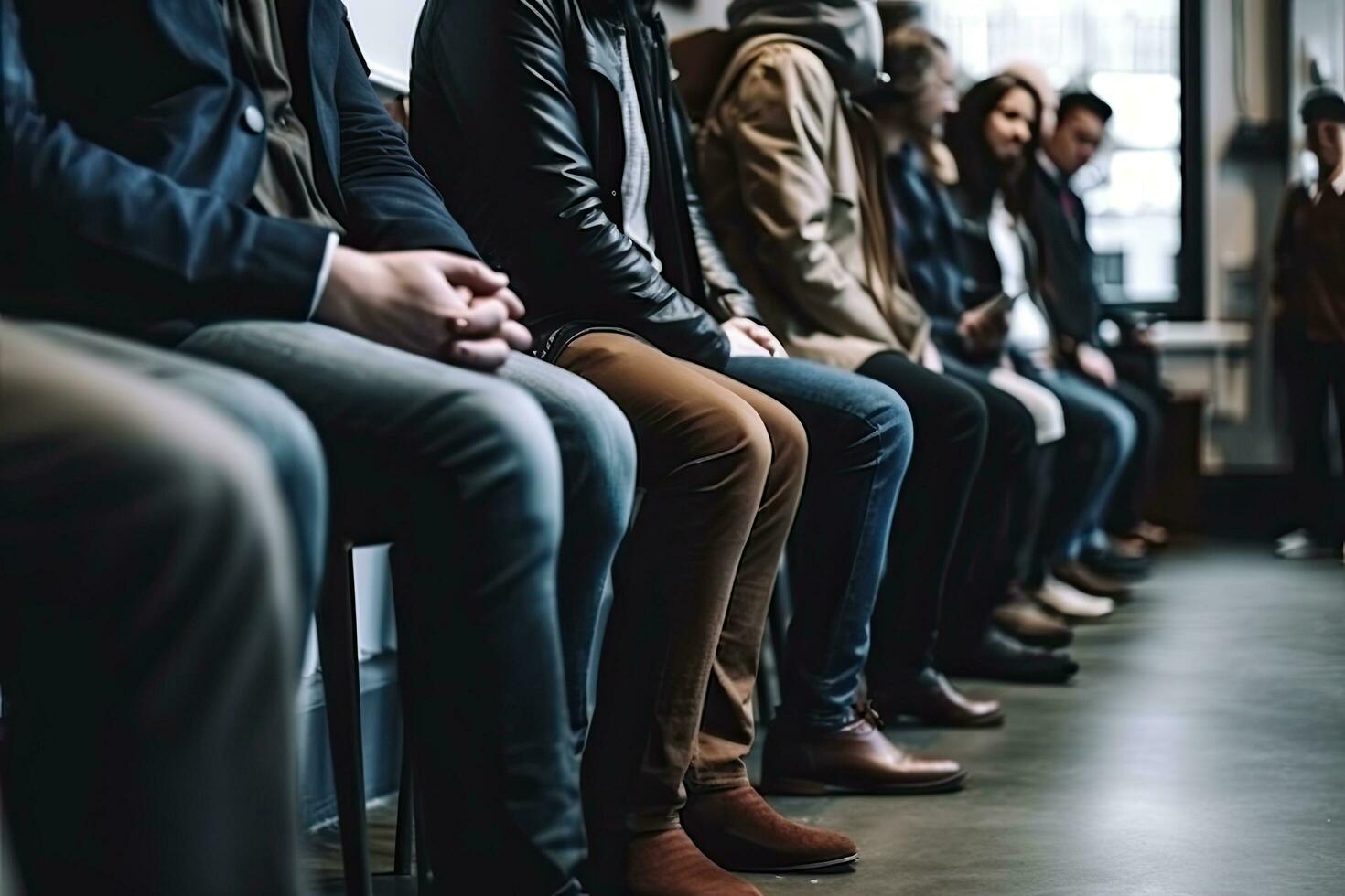 Group of people waiting for job interview. Group of business people waiting for job interview. People without faces and closeup views waiting for an interview, AI Generated photo