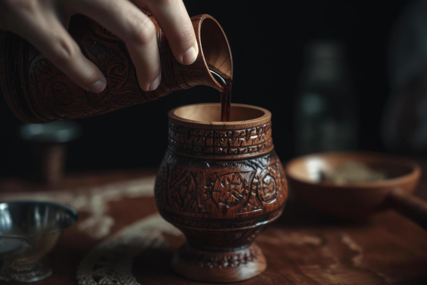 Woman pouring tea in clay pot on wooden table, Pouring Turkish coffee close up from a decorated coffee cup, photo