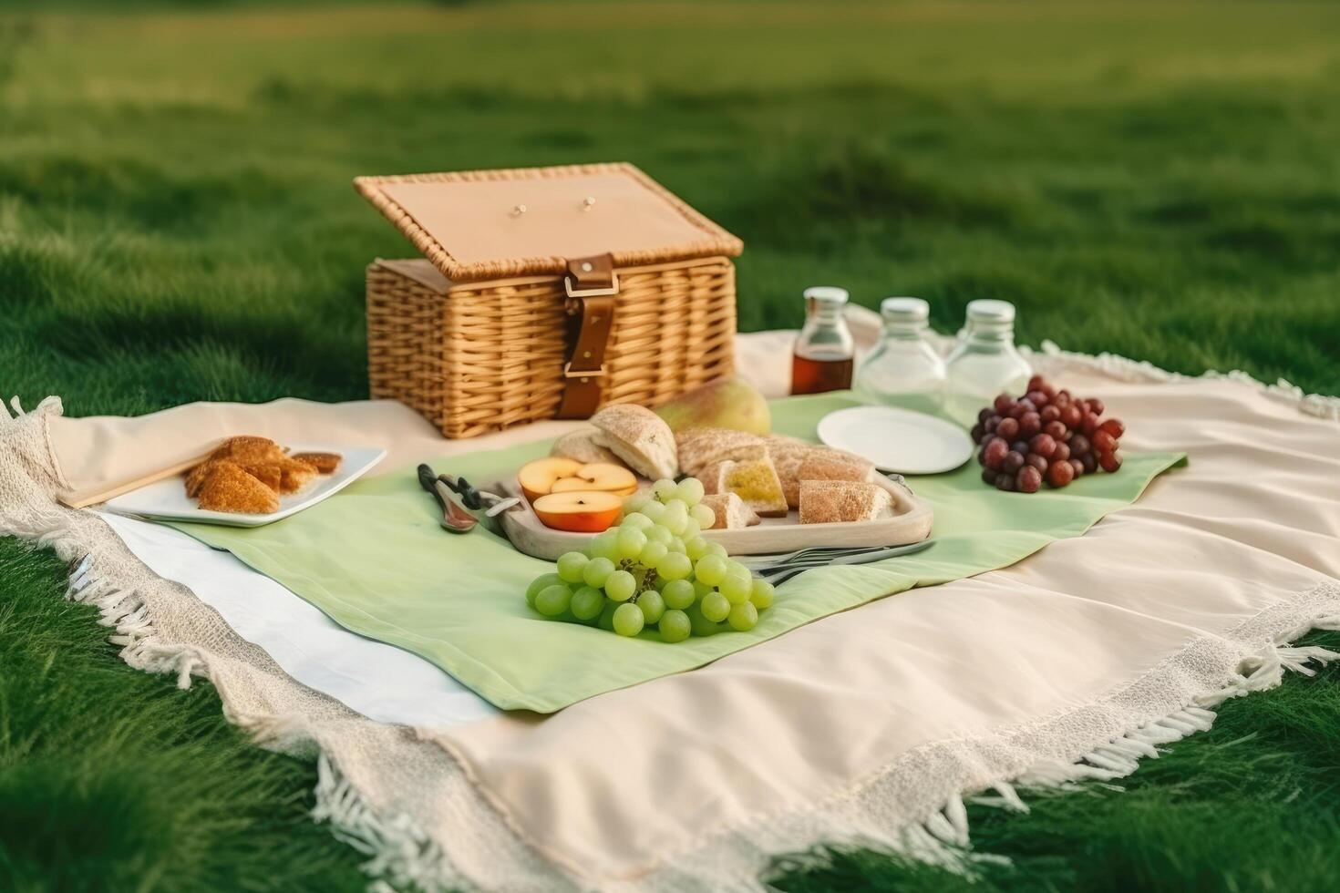 Picnic on the grass. Picnic basket with grapes, wine, cheese, crackers and bread on a green background. Picnic fabric sheet on a green field with a picnic basket, AI Generated photo