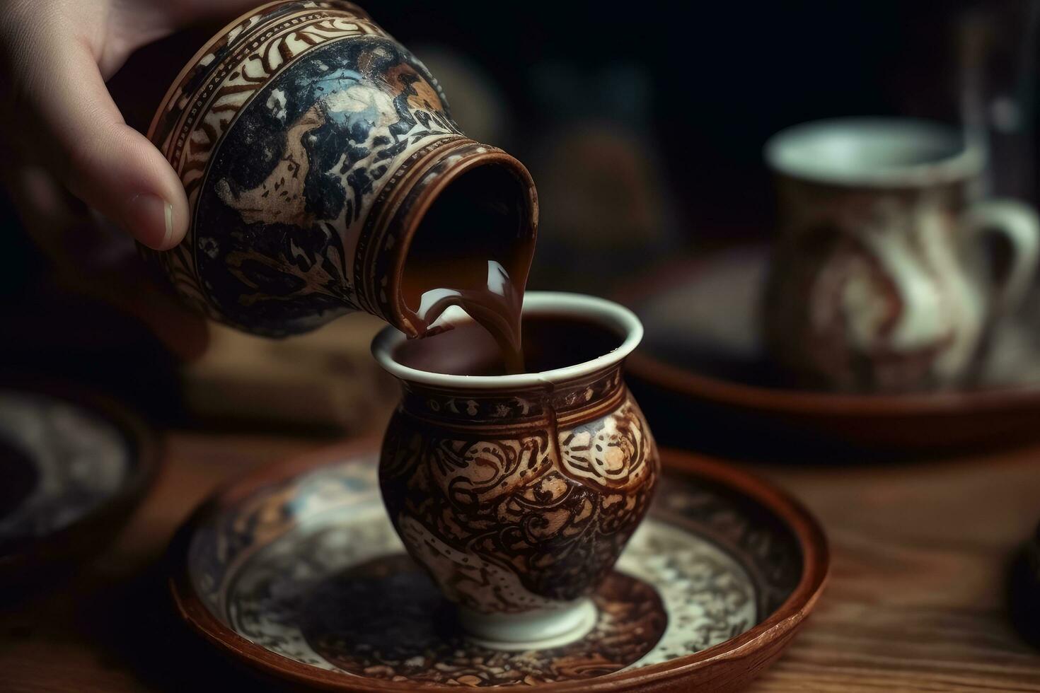 Pouring hot black tea into a clay cup on a wooden table, Pouring Turkish coffee close up from a decorated coffee cup, AI Generated photo