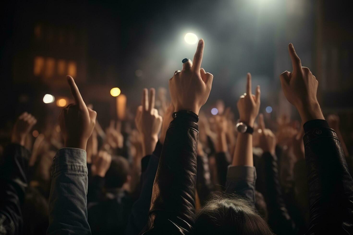 Crowd at concert, close up of hands with raised up, Peoples closeup rear view raising their hands, AI Generated photo