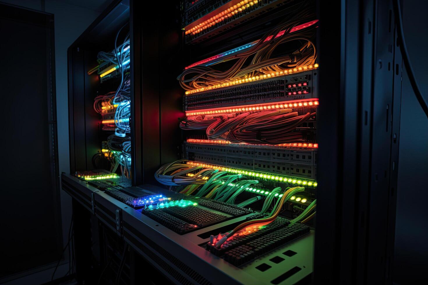fiber optic with servers in a technology data center. 3d render, Rackmount LED console in a server room of data center, photo