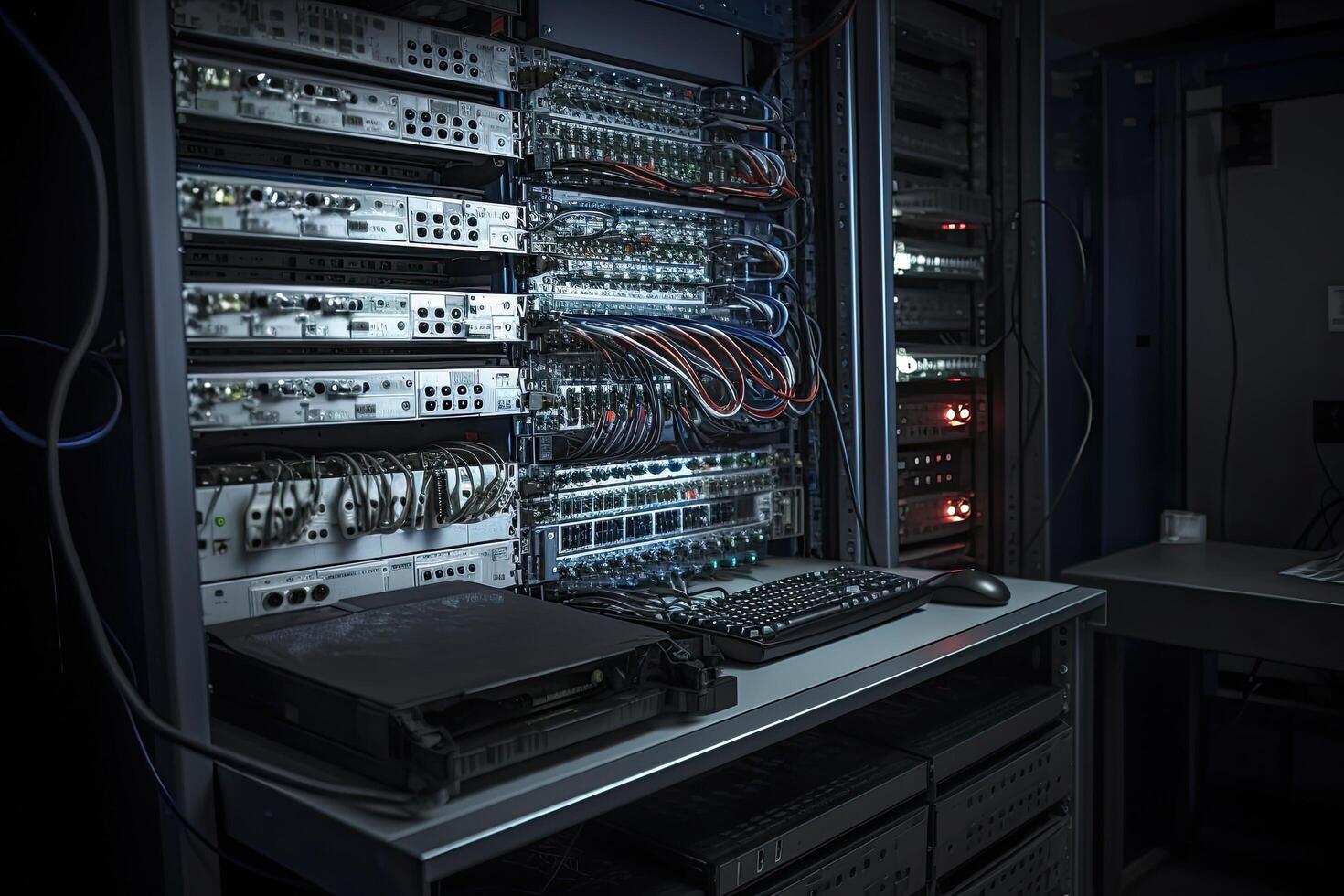 network server room with fiber optic cables connected to switch technology background, Rackmount LED console in a server room of data center, AI Generated photo