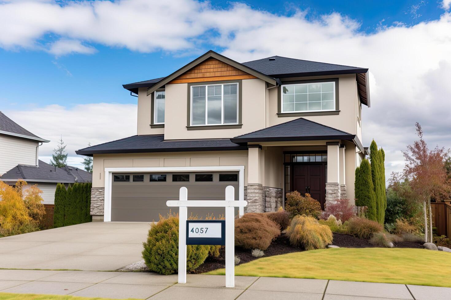 House exterior with entrance sign and blue sky background. Northwest, USA, Real estate home for sale sign hanging in front of the house, photo